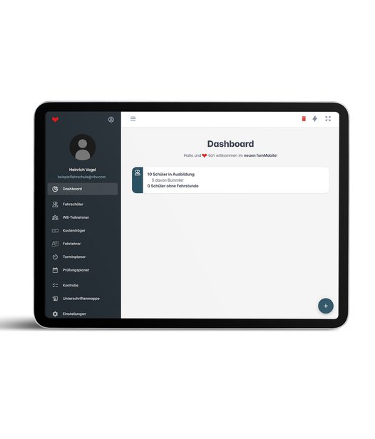 Über das Dashboard erreichen Sie alle Daten im Fahrschul-Manager Fahrschul-Manager mobil Dashboard auf Tablet